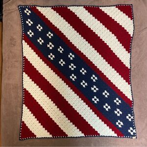 Hooks’N Stitches Crocheted Patriotic Throw Handmade C2C Afghan 54”x44” Rustic